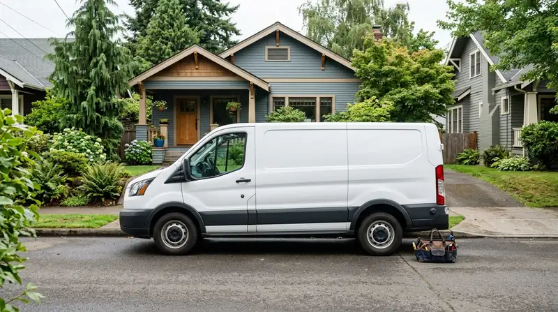 Plain white service van and tool bag parked at the curb of a residential street
