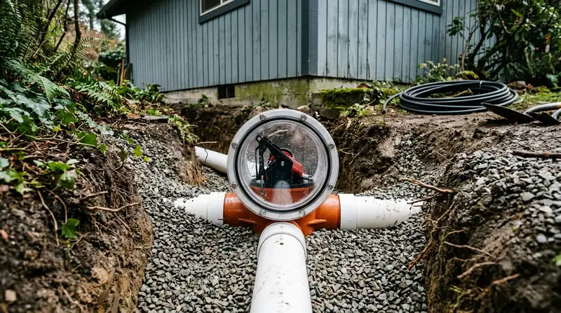 Backwater valve with a clear access cover set in a sewer line trench