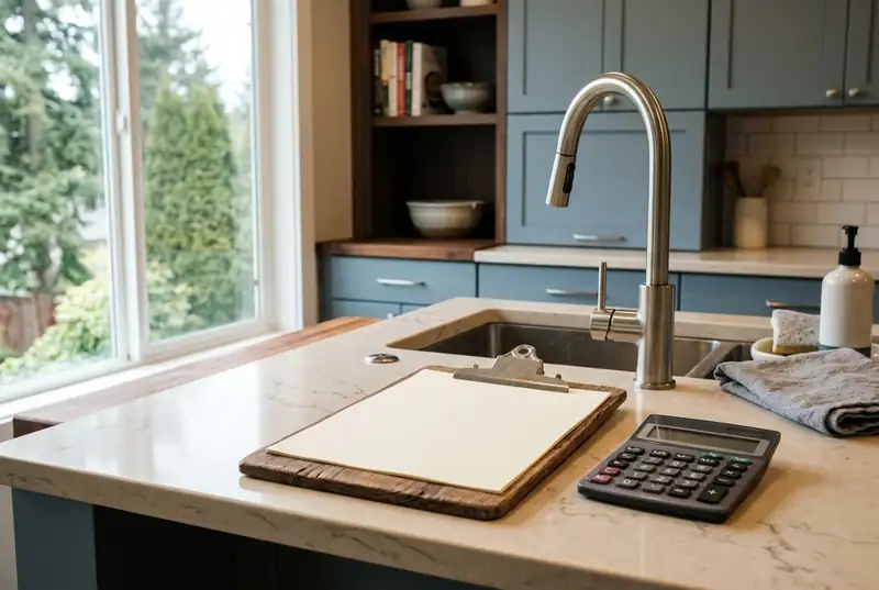 Blank estimate clipboard and a calculator on a kitchen counter next to a tap