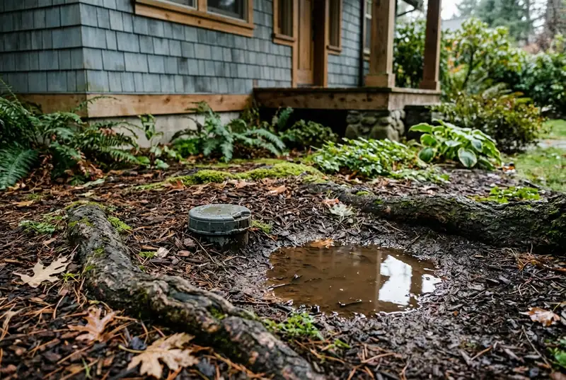 Front-yard sewer cleanout cap with a rain puddle and a tree root nearby
