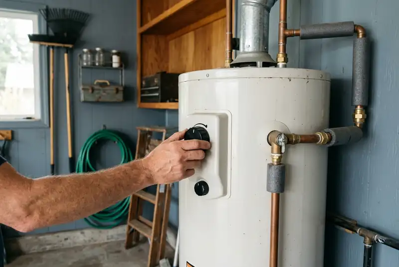Hand adjusting the thermostat dial on a tank water heater in a garage