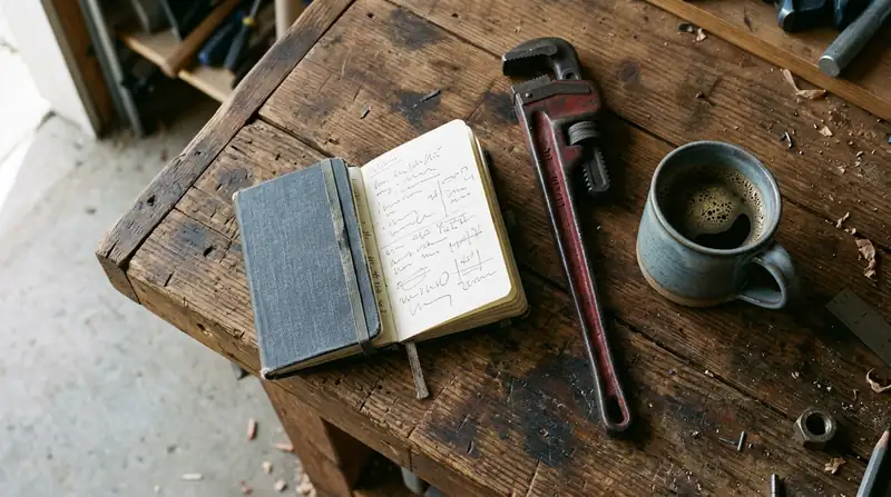 Notebook, pipe wrench and coffee cup on a garage workbench