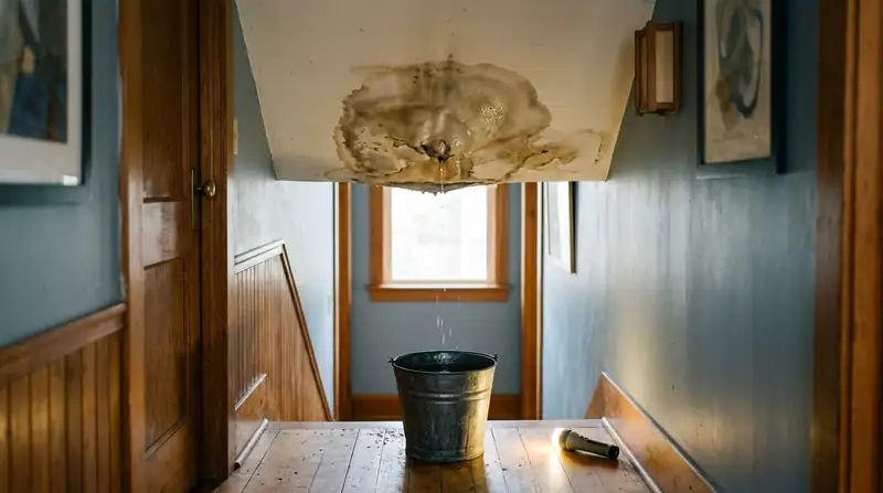 Hallway ceiling with a bulging water stain and a bucket on the floor below
