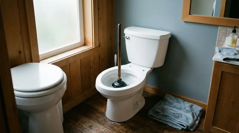 Plunger standing in a toilet bowl with a towel on the bathroom floor