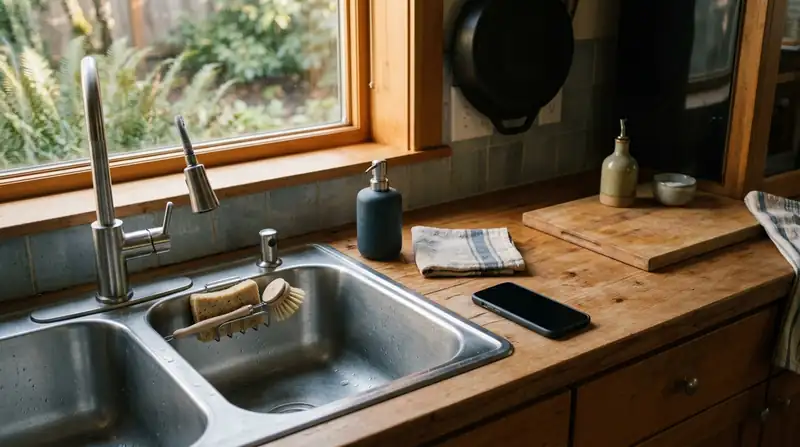 Smartphone on a kitchen counter next to a sink in warm morning light
