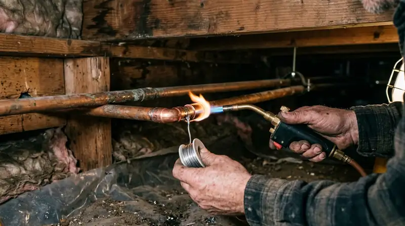 Torch soldering a copper coupling in a crawl space