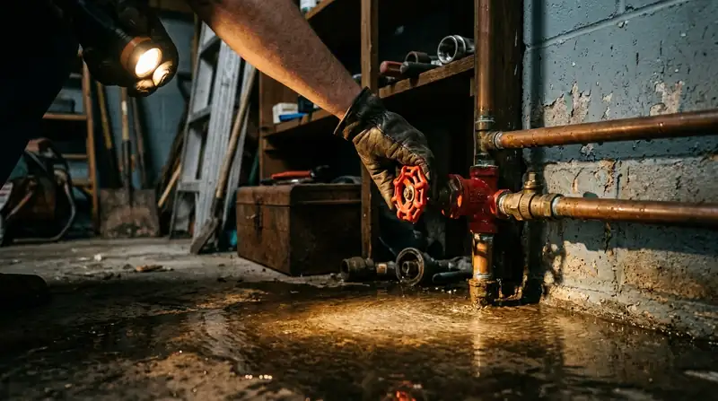 Hands turning the red main water shutoff valve in a dim garage while water spreads on the floor
