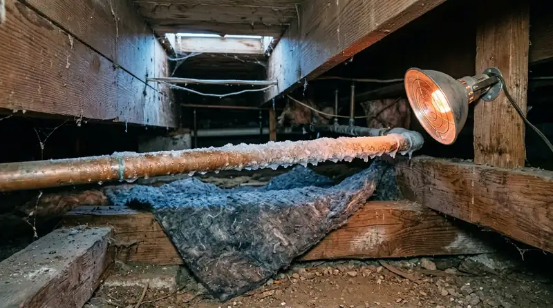 Frost-covered pipe in a crawl space with a heat lamp and insulation blanket