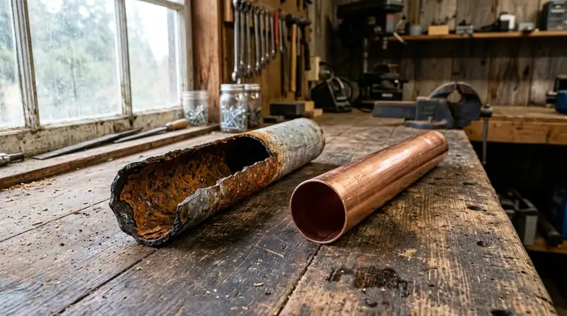 Corroded galvanized steel pipe cut open beside a new copper pipe on a workbench
