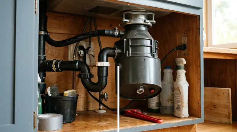 Garbage disposal unit under a kitchen sink with the reset button and wrench socket visible