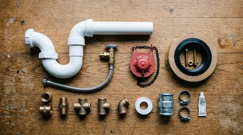 Common plumbing parts laid out on a wooden table: P-trap, angle stop, flapper, wax ring and fittings