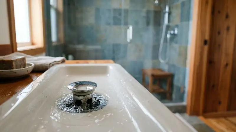 Bathroom sink drain with slightly bubbling water and a shower behind it