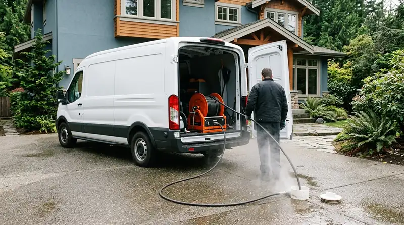 Hydro-jetting hose running into a driveway cleanout beside a white service van