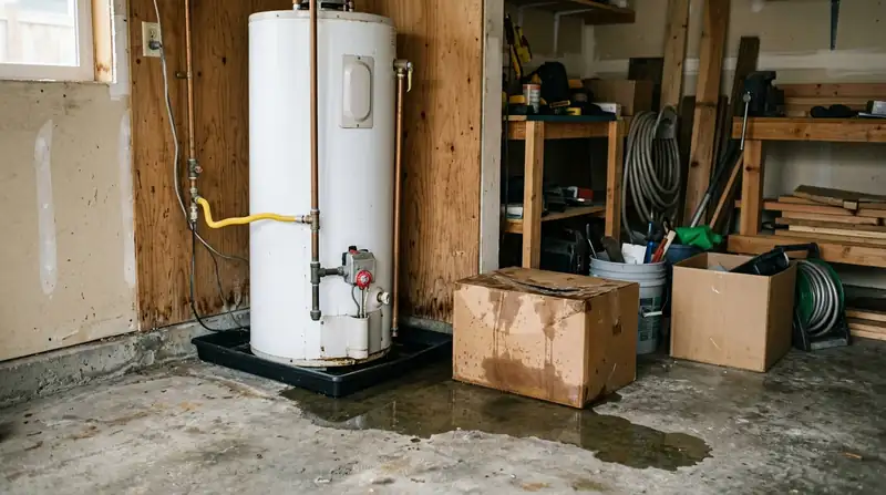 Water puddle around the base of a water heater in a garage with a drain pan