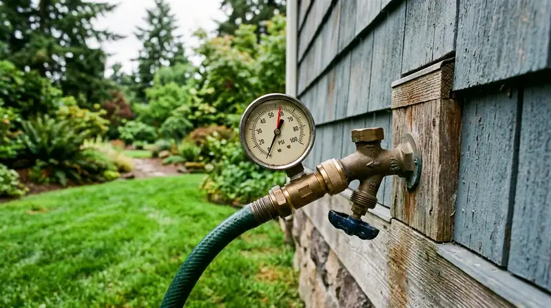 Water pressure gauge threaded onto an outdoor hose bib in front of a lawn