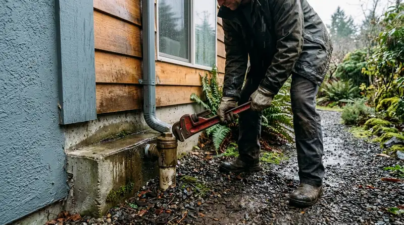 Outdoor sewer cleanout cap being unscrewed with a large wrench beside a house foundation