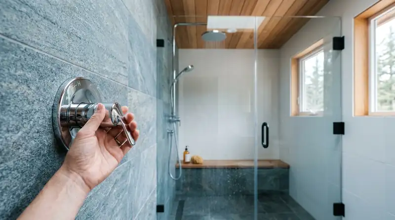 Hand testing a lukewarm shower valve in a glass shower