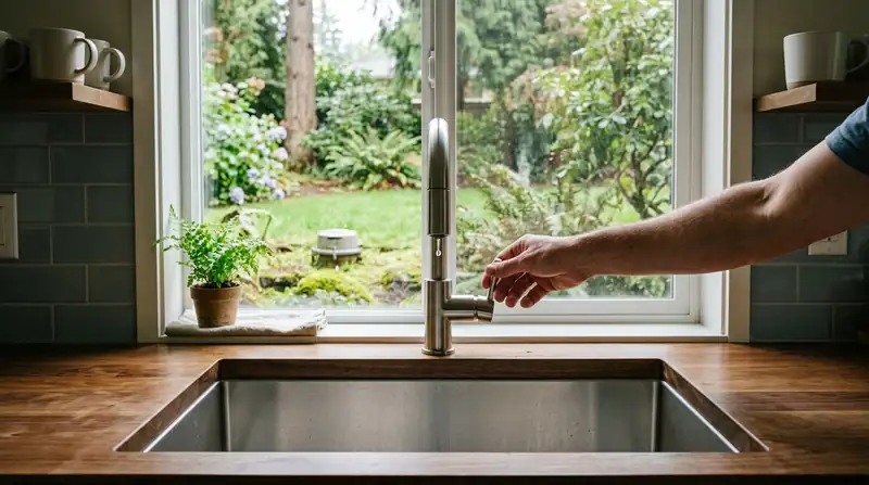 Hand on a kitchen faucet with no water coming out and the meter box visible on the lawn outside
