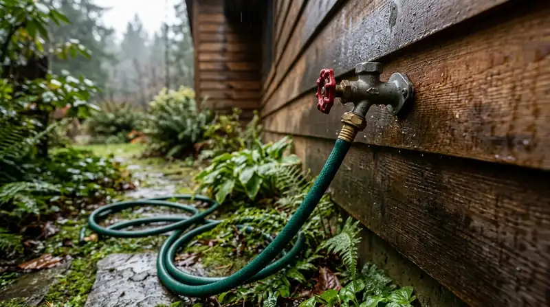 Frost-free outdoor hose bib on a wood-sided wall with a wet garden hose attached