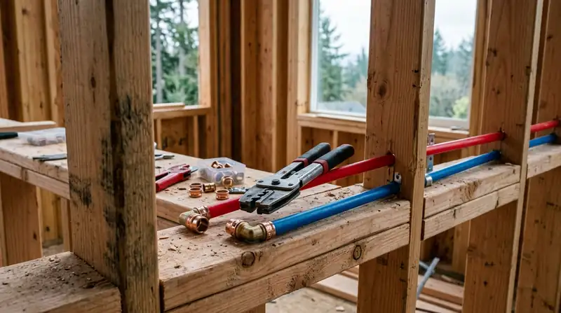 Red and blue PEX pipes with crimp rings and a crimping tool on wood framing
