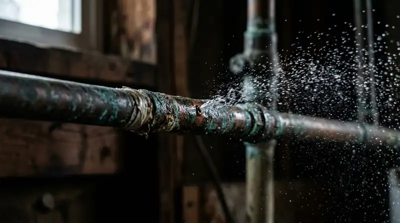 Fine spray of water from a pinhole leak in a corroded copper pipe