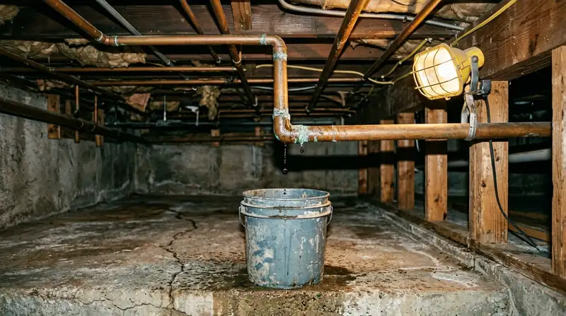 Water dripping from a pipe joint into a small bucket under a basement ceiling