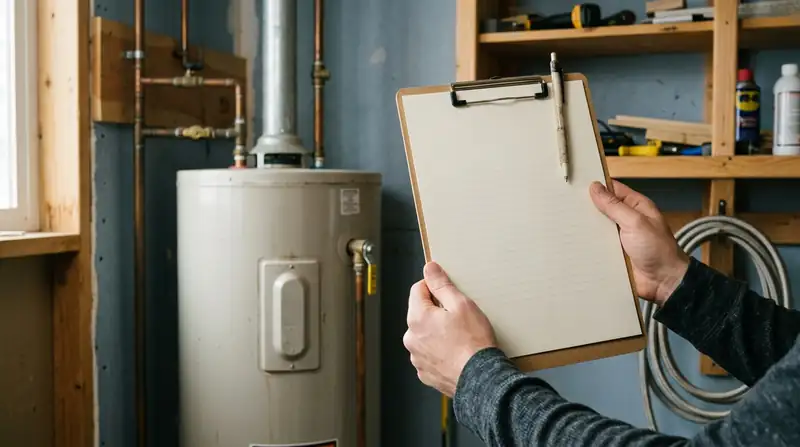 Hands holding a blank estimate clipboard beside a water heater