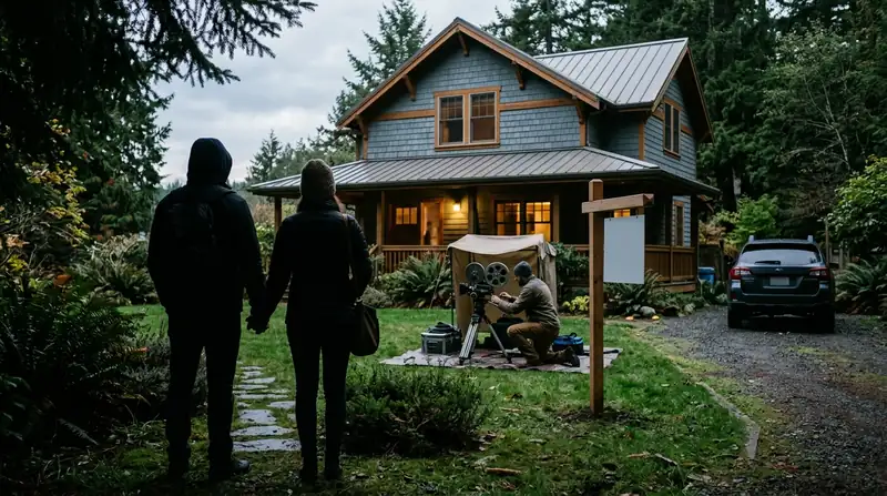 Buyers watching a camera inspection of the sewer line in the front yard of a house for sale