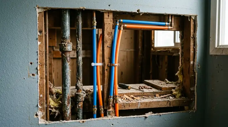 Open wall showing new red and blue PEX pipe beside old corroded galvanized pipe