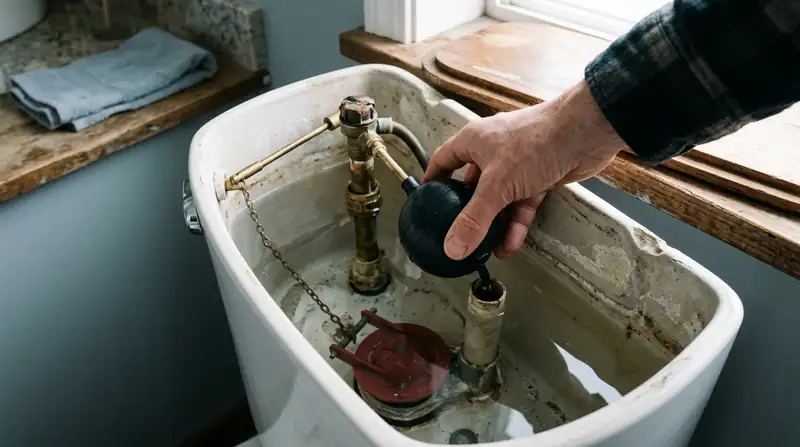 Hand adjusting the float inside a toilet tank with a worn flapper and fill valve