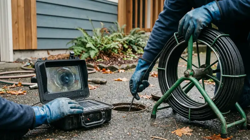 Sewer inspection camera reel and monitor being set up in a driveway