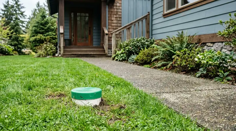New white PVC cleanout with a green cap set flush in a lawn beside a walkway