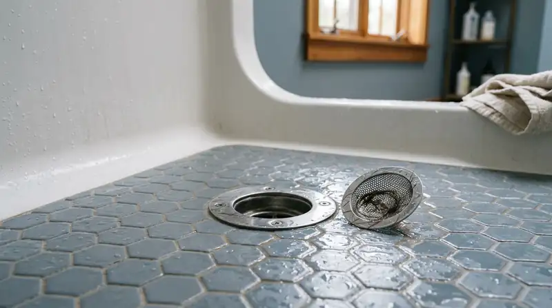 Shower drain in a white tub with a hair-catching tool lifted out beside it