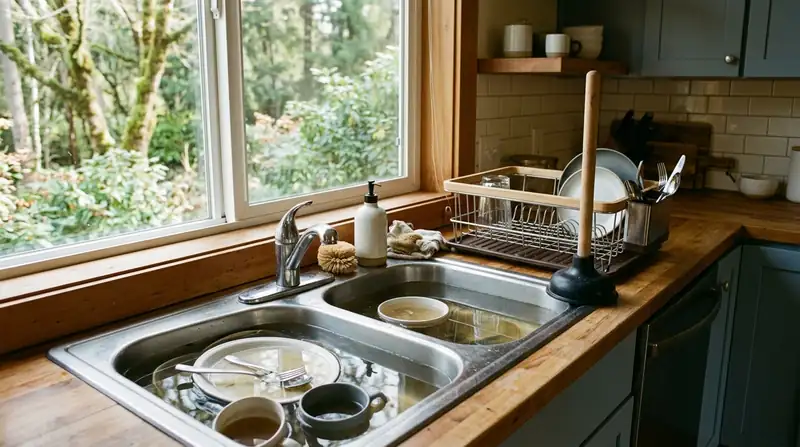 Kitchen sink full of standing water with a plunger resting on the counter