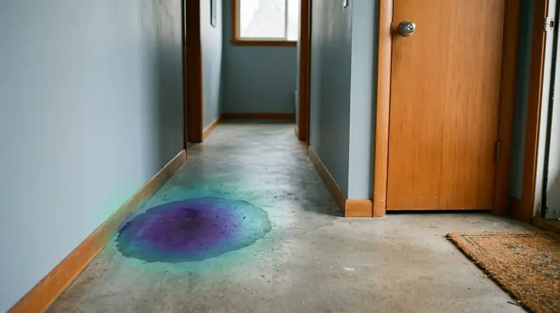 Hallway concrete slab floor with a wet patch shown by a thermal-camera style overlay