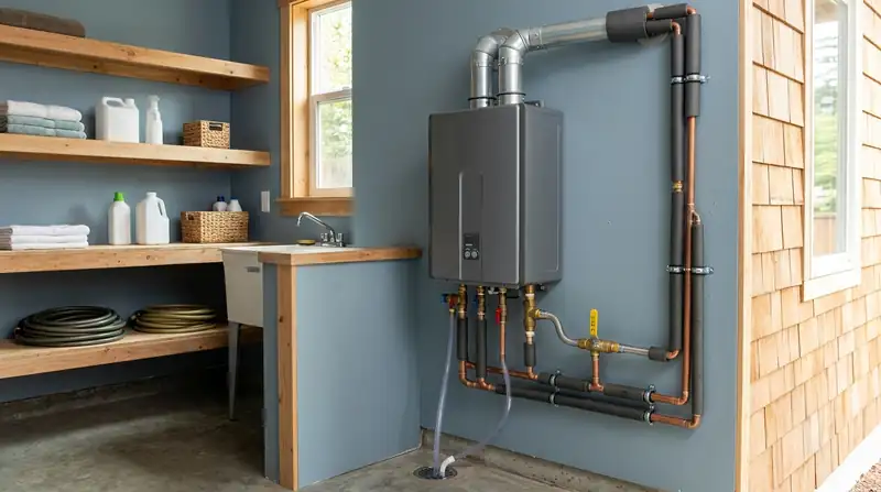 Compact tankless water heater mounted on a utility room wall with copper piping and venting