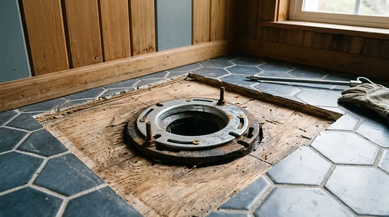 Exposed toilet flange with a repair ring and screws in a bathroom floor
