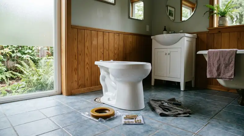 New toilet bowl on a bathroom floor beside a fresh wax ring and closet bolts