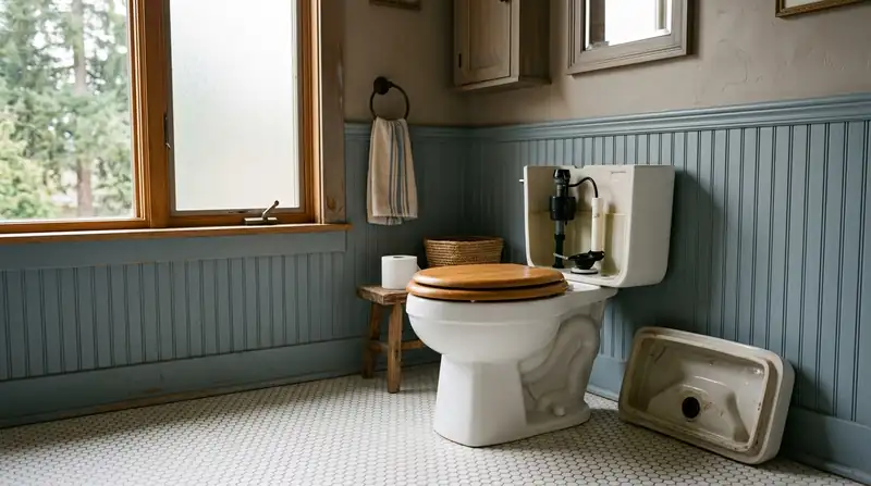 Bathroom toilet with the tank lid off, showing the fill valve and flapper