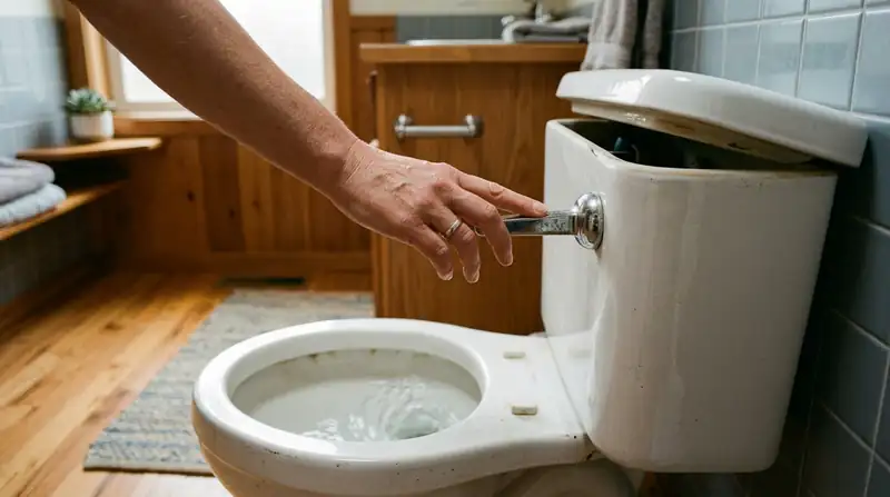 Hand pressing a toilet flush handle with the tank lid slightly ajar
