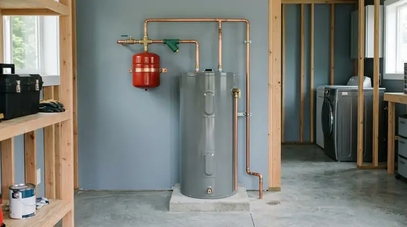 New tank water heater installed in a tidy utility room with expansion tank and copper lines