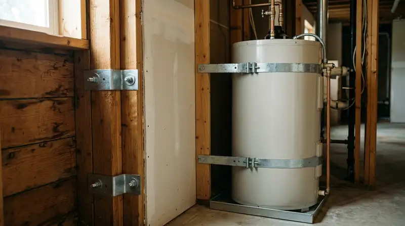 Tank water heater held to wall studs with two metal seismic straps