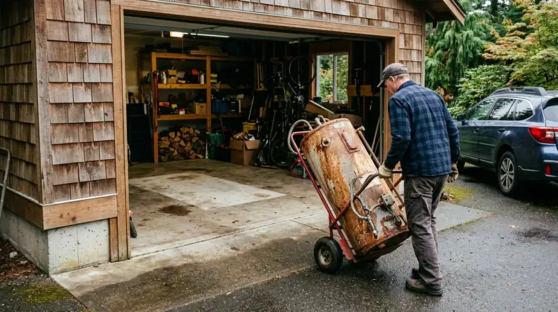 Old rusted tank water heater being wheeled out of a garage on a hand truck