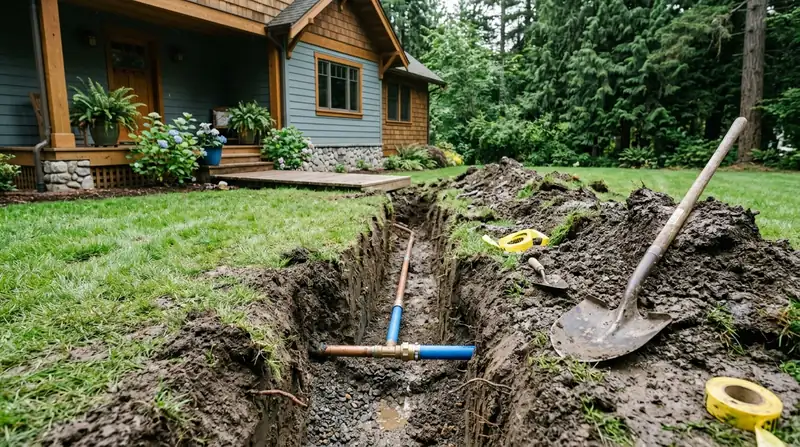 Trench in a front lawn exposing the water service line and a new blue pipe section