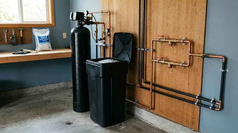 Water softener and brine tank in a garage beside the main water line and bypass valve